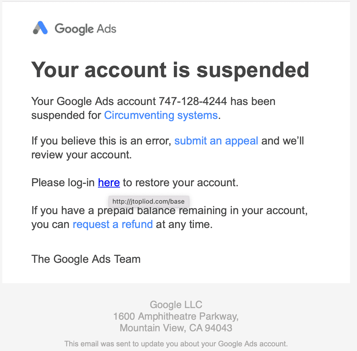 Google Ads account suspended