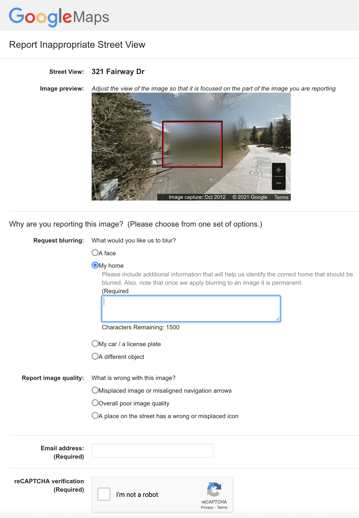 Google Maps report a problem form