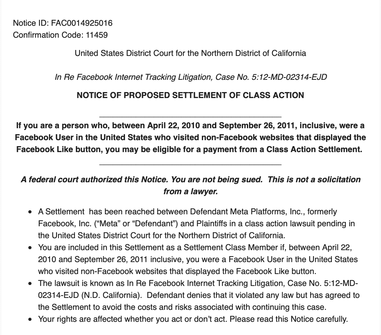 Facebook Internet Tracking Settlement