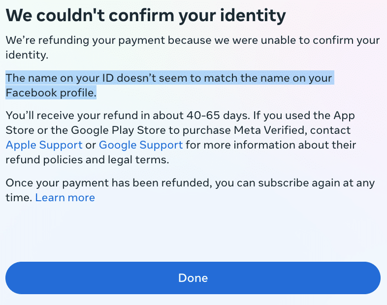 Facebook cannot verify my identity.