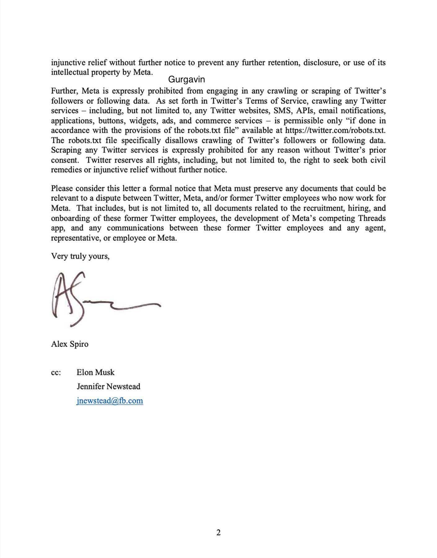 Twitter cease and desist letter to meta platforms about Threads