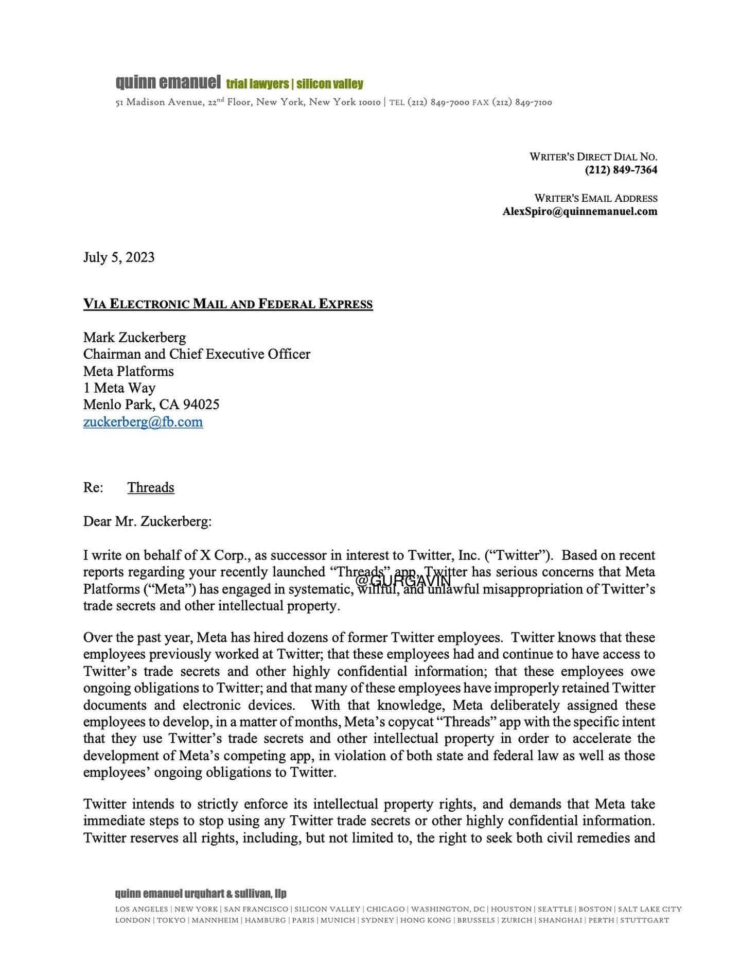 Twitter cease and desist letter to Meta about Threads