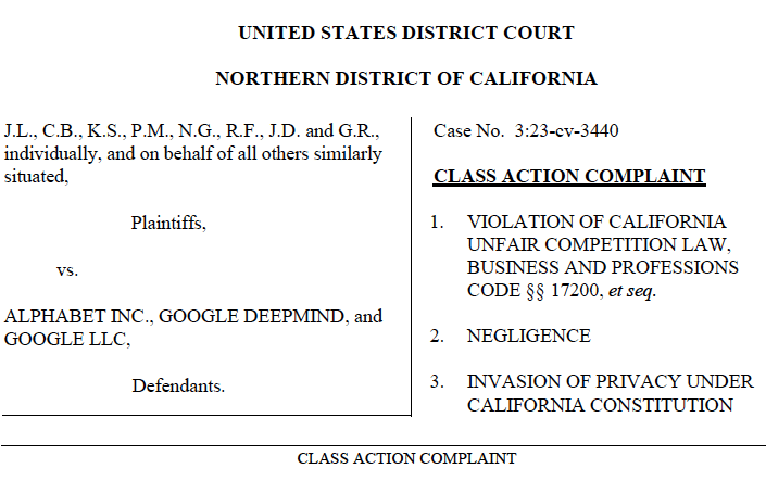 J.L., C.B., K.S., P.M., N.G., R.F., J.D. and G.R.,individually, and on behalf of all others similarlysituated,Plaintiffs,vs.ALPHABET INC., GOOGLE DEEPMIND, andGOOGLE LLC,Defendants.