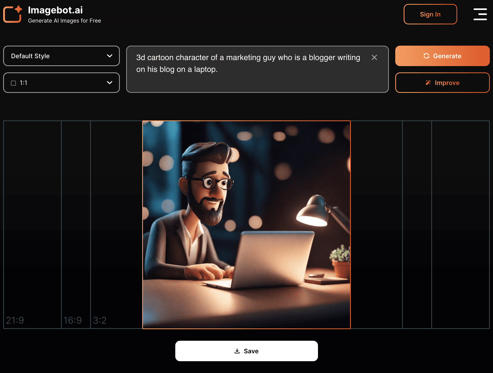 3d cartoon character of a marketing guy who is a blogger writing on his blog on a laptop.