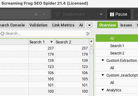 screamingfrog custom search for data-start code