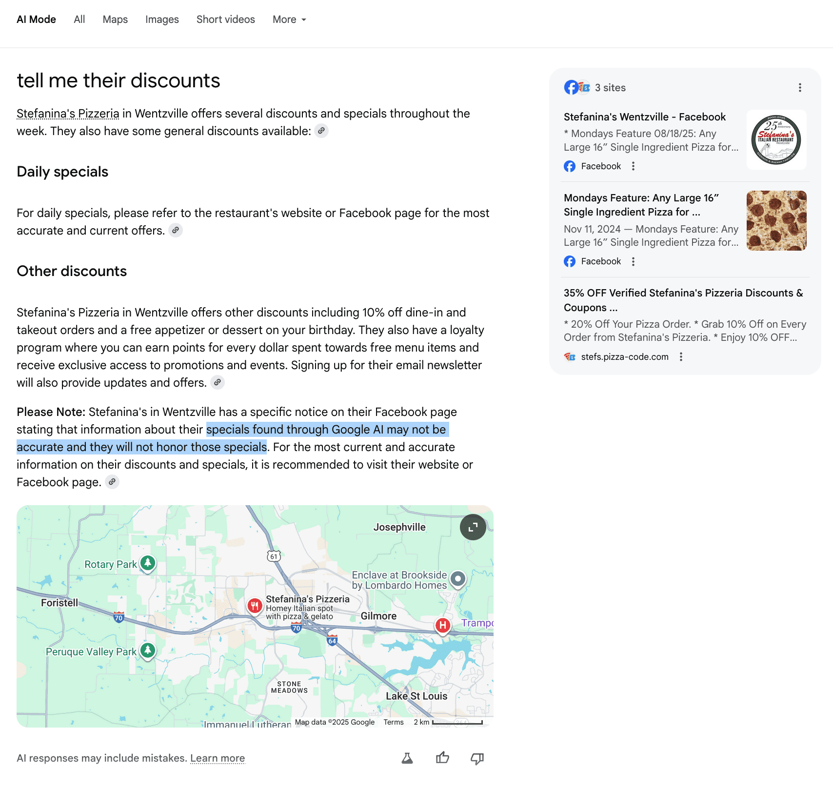 Google includes note that its made up specials may not be honored by the restaurant.