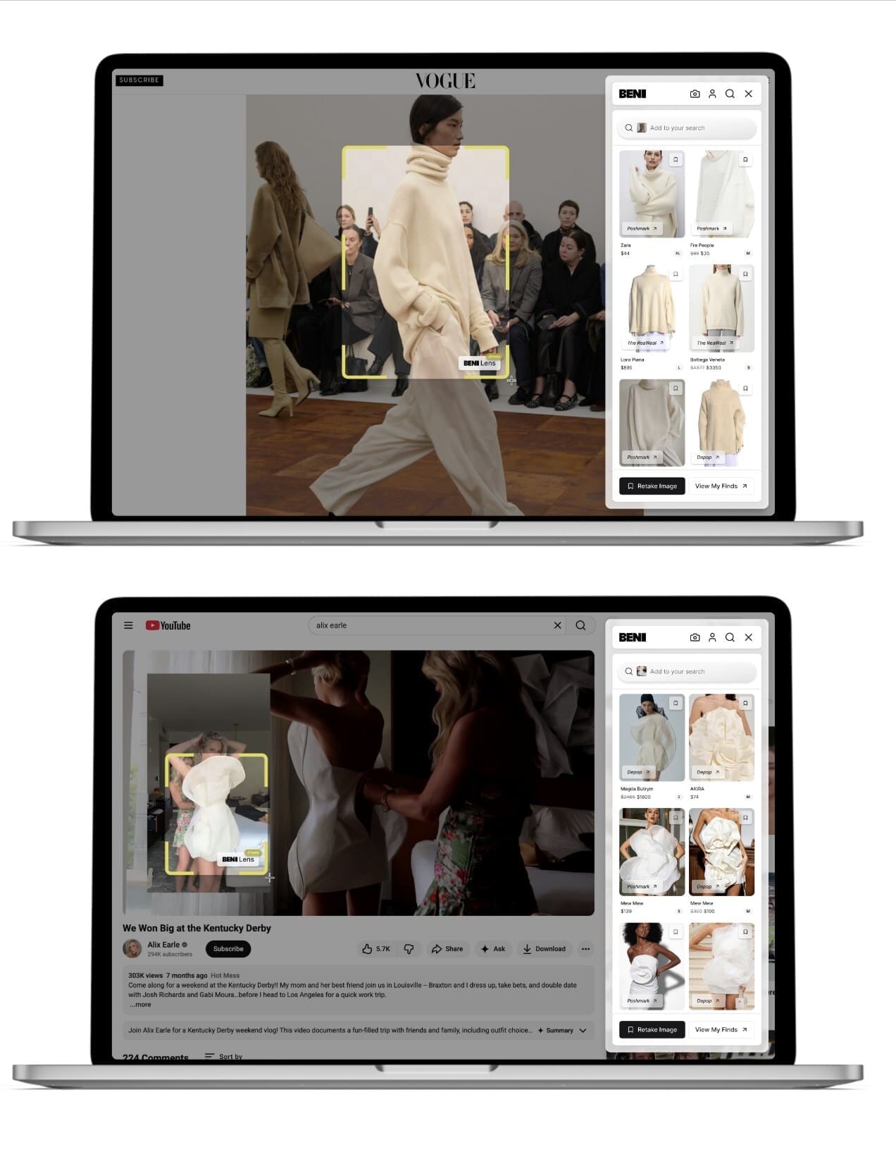 Powered by search technology built specifically for secondhand fashion, Beni Lens delivers a "better than Google" visual search experience for resale, surfacing real-time listings from Poshmark, ThredUp, The RealReal, eBay, Depop, and more.
