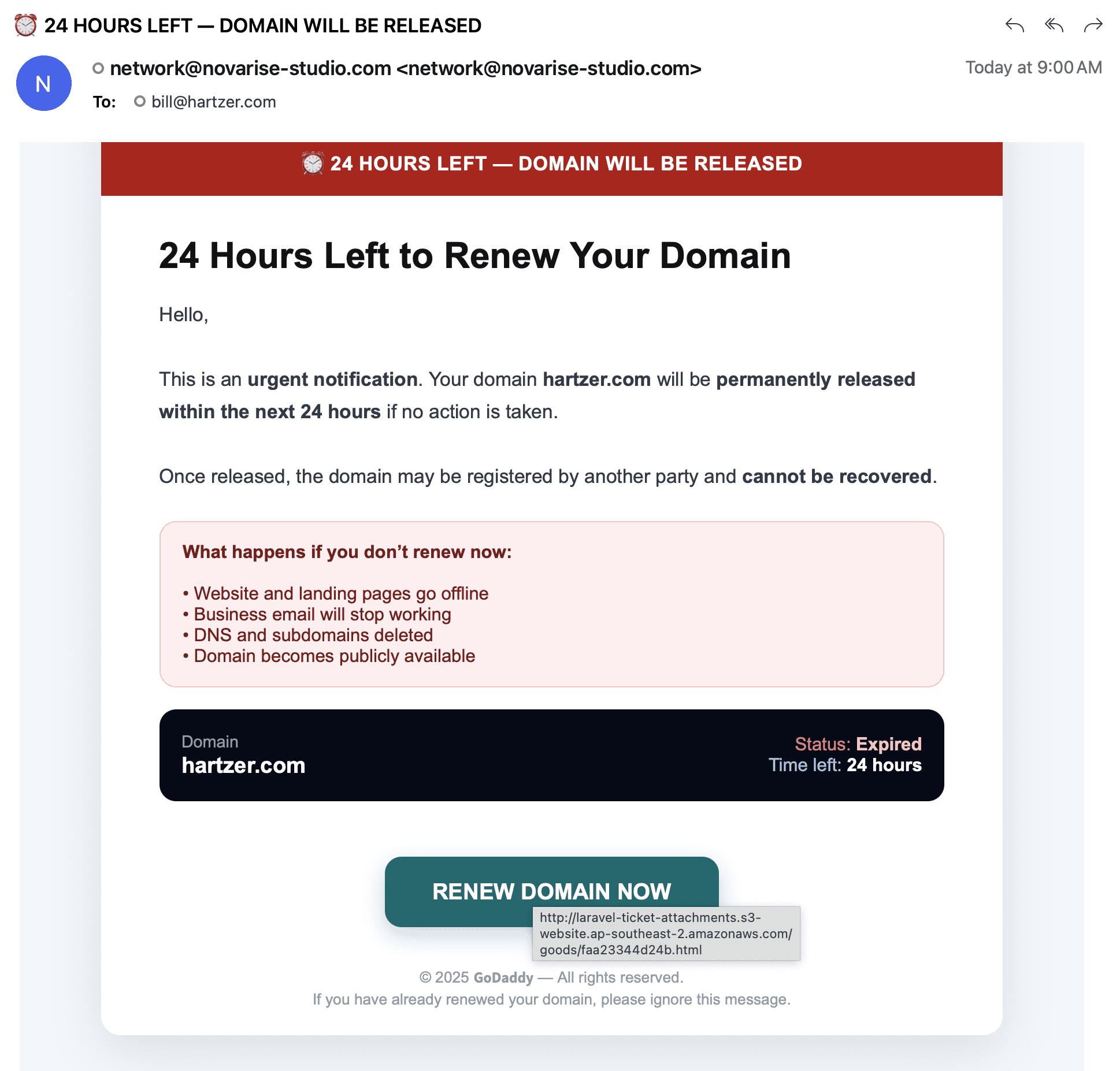 Godaddy fake phishing renewal email