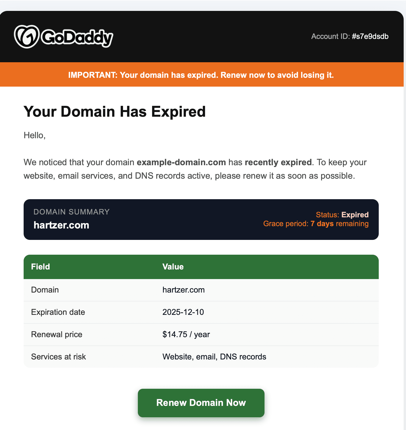 godaddy phishing fake domain expiration