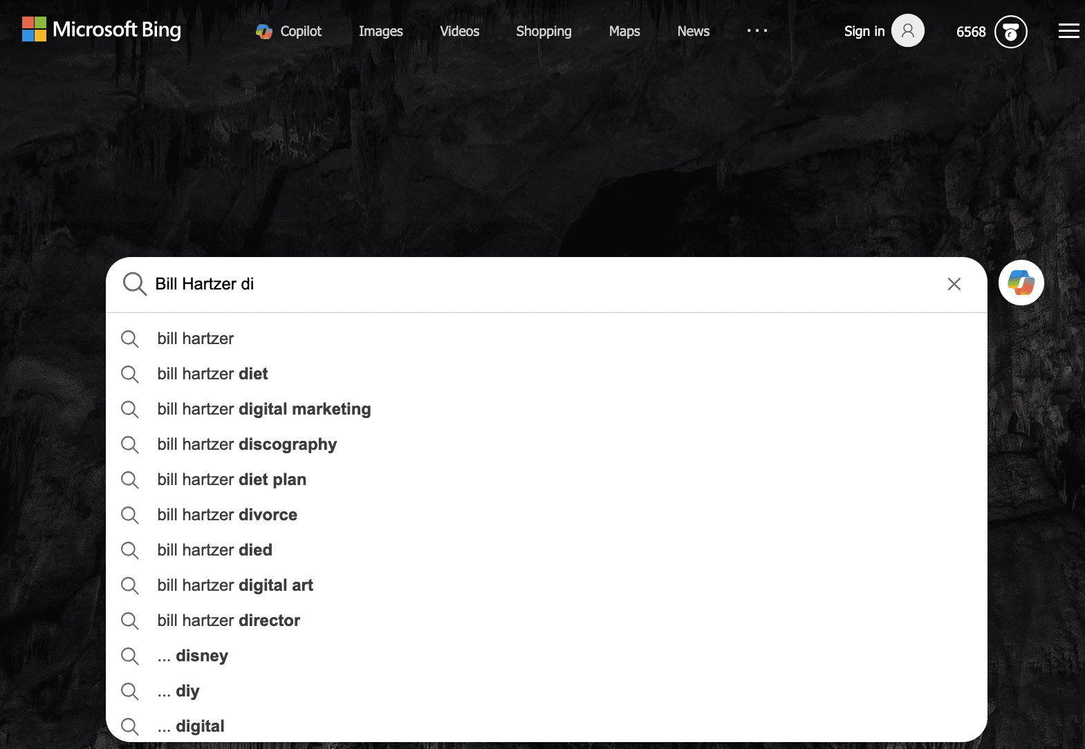 MIcrosoft Bing Auto Suggest for Bill Hartzer