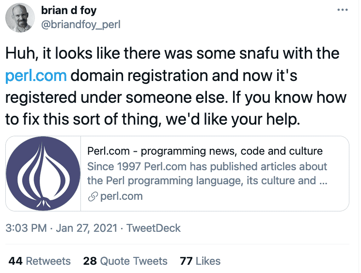 Domain Name Stolen Perl dot com Domain Name Theft